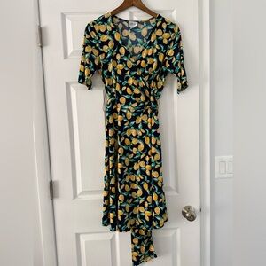Dm Collection Black Wrap Midi Dress with Yellow Lemon Print